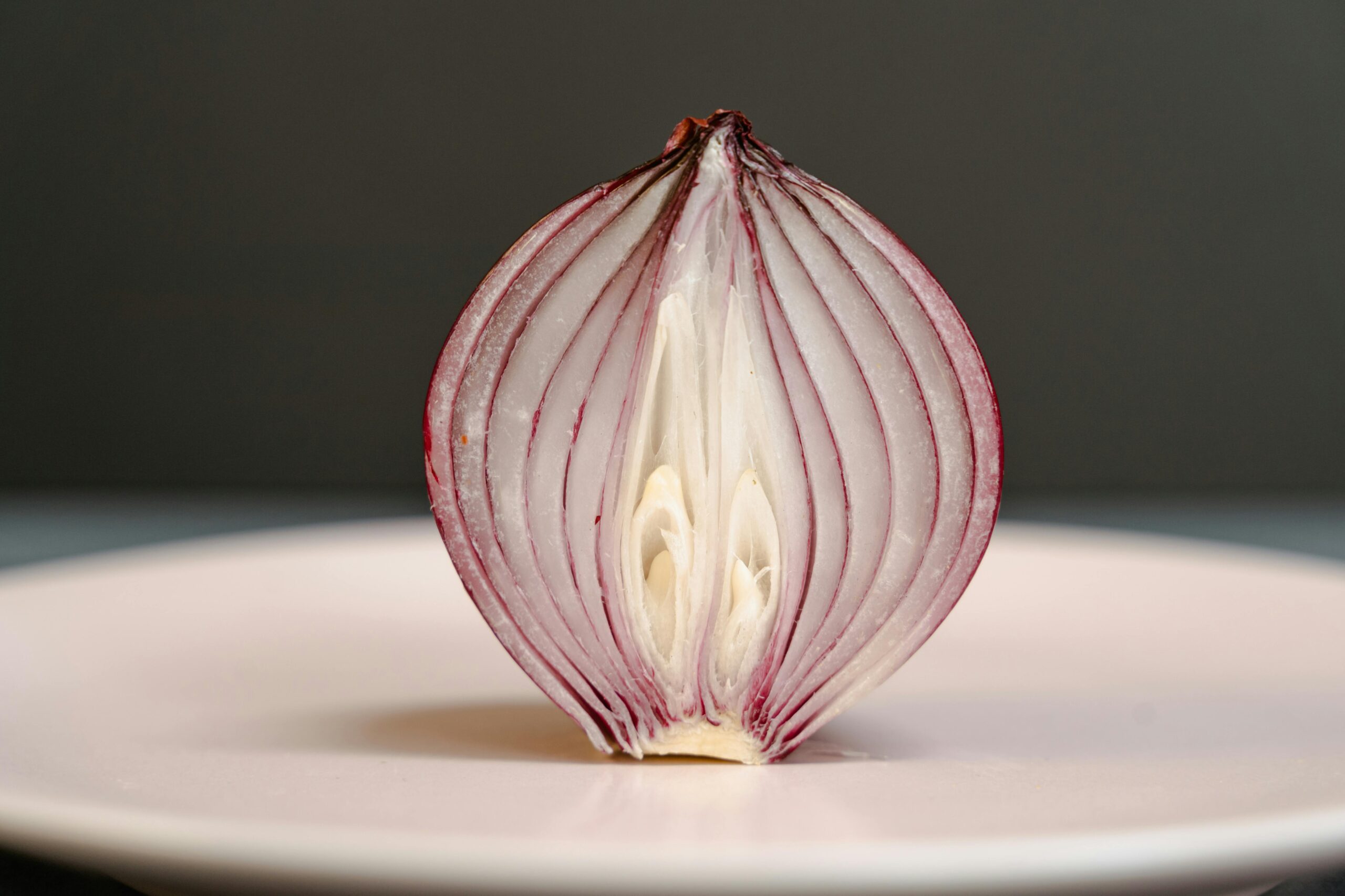 A detailed close-up of a sliced red onion displayed on a white plate. Perfect for food photography needs.